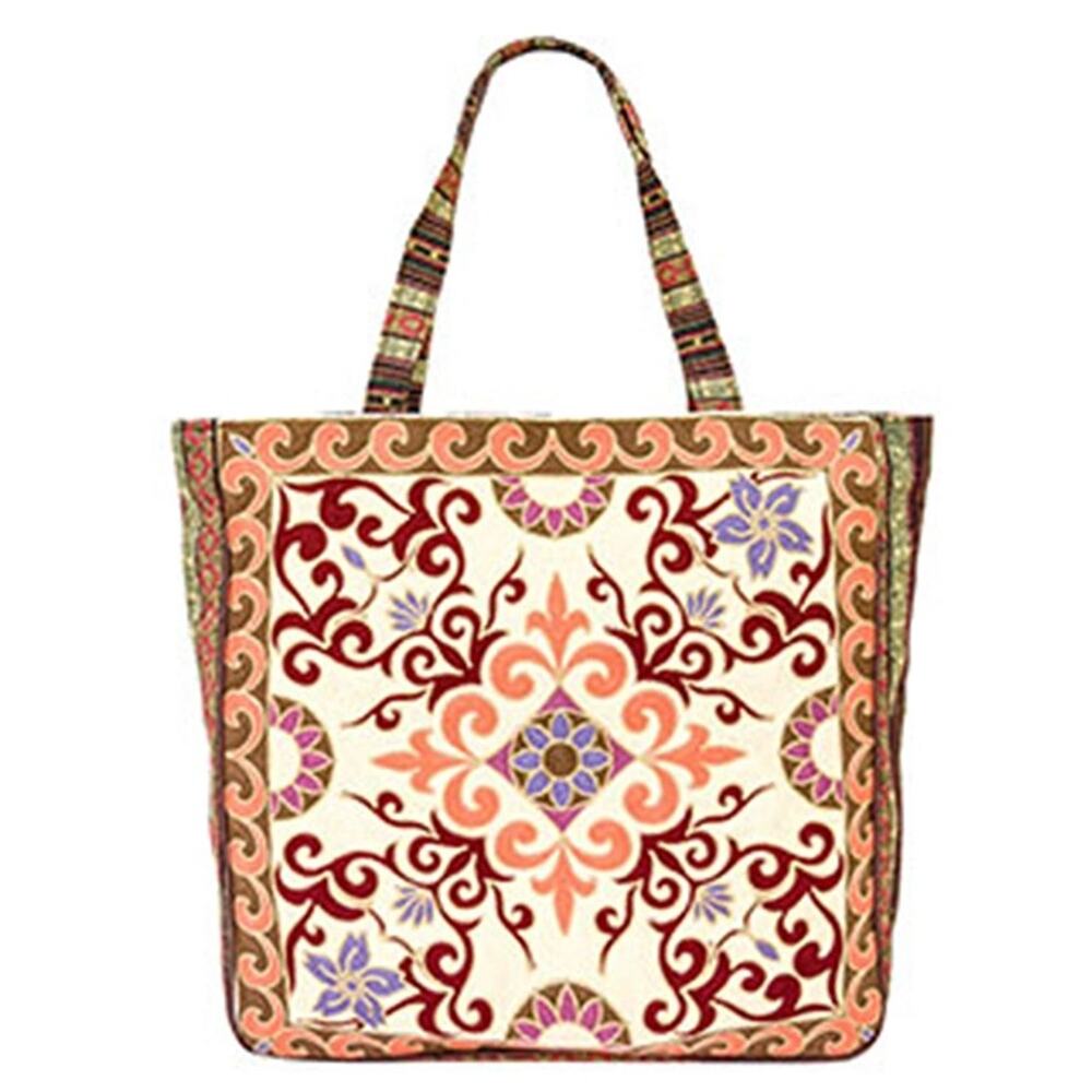 Tapestry Woven Canvas Tote Bag Beige